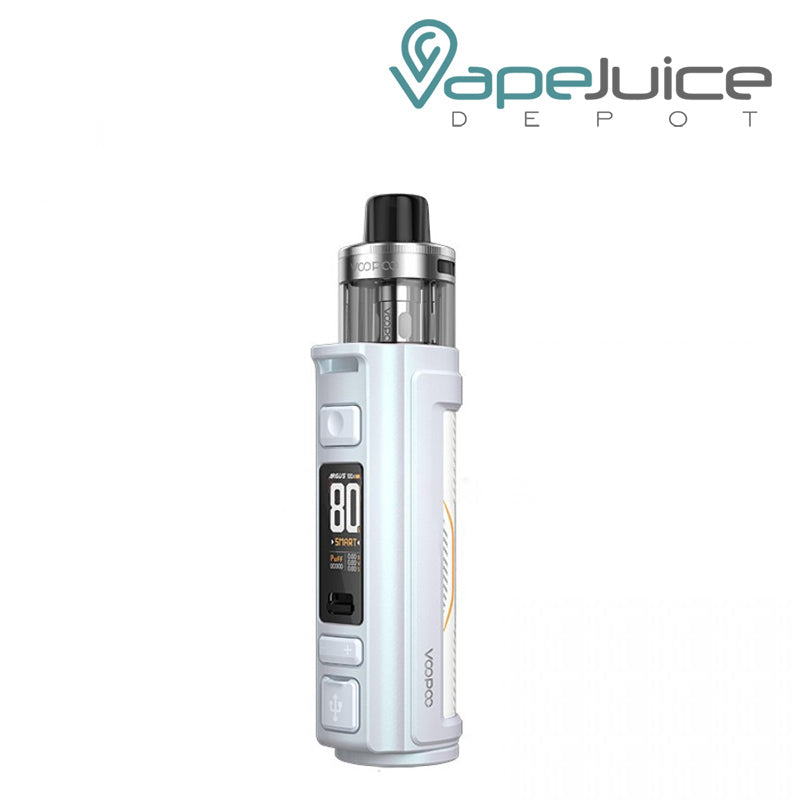 Pearl White VooPoo ARGUS Pro 2 Pod Mod Kit with a display screen and adjustment button - Vape Juice Depot