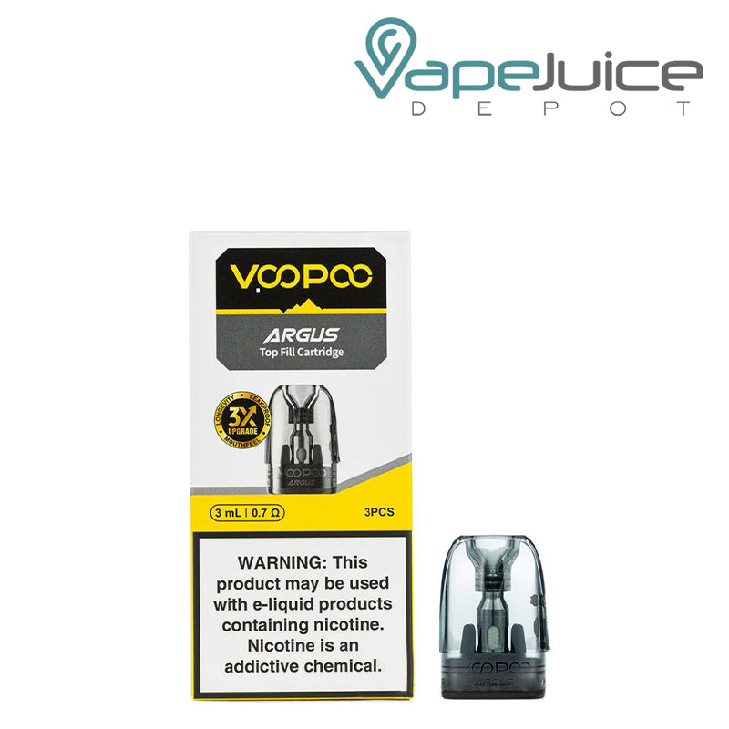 A Box of VooPoo ARGUS Replacement Pods with a warning sign and a 0.7ohm pod next to it - Vape Juice Depot