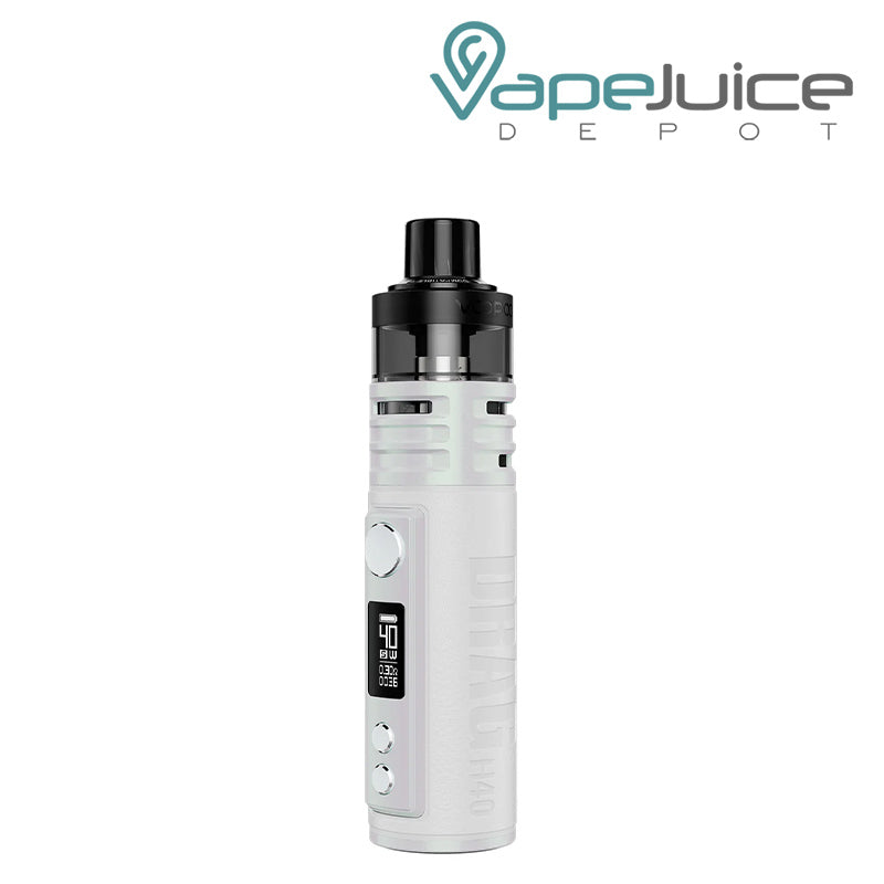 Silver White VooPoo DRAG H40 Pod Mod Kit with a firing button, OLED screen and two adjustment buttons - Vape Juice Depot