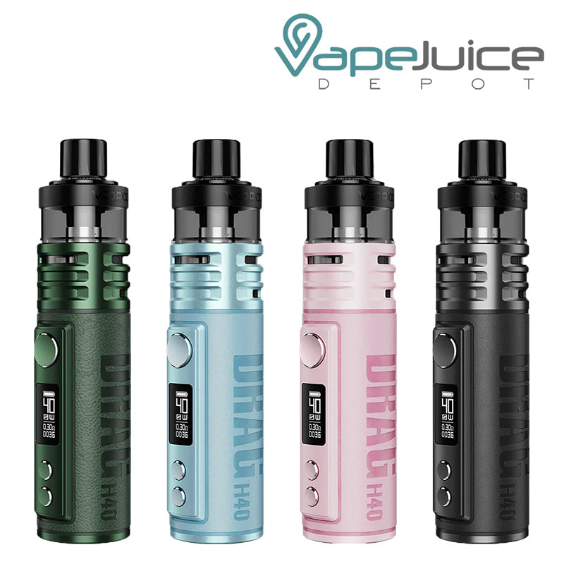 Four different colors of VooPoo DRAG H40 Pod Mod Kit with a firing button, OLED screen and two adjustment buttons - Vape Juice Depot