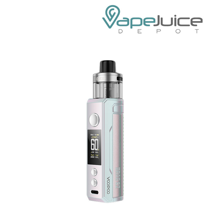 Colorful Silver VooPoo DRAG S2 Pod Kit with display screen, adjustment buttons and a firing button - Vape Juice Depot