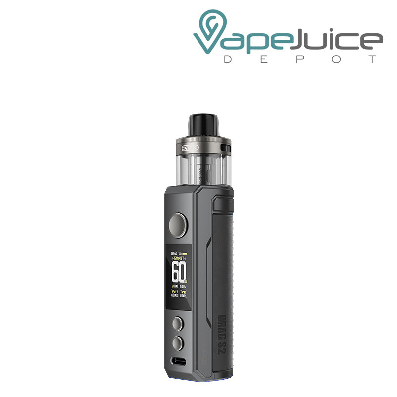 Gray Metal VooPoo DRAG S2 Pod Kit with display screen, adjustment buttons and a firing button - Vape Juice Depot