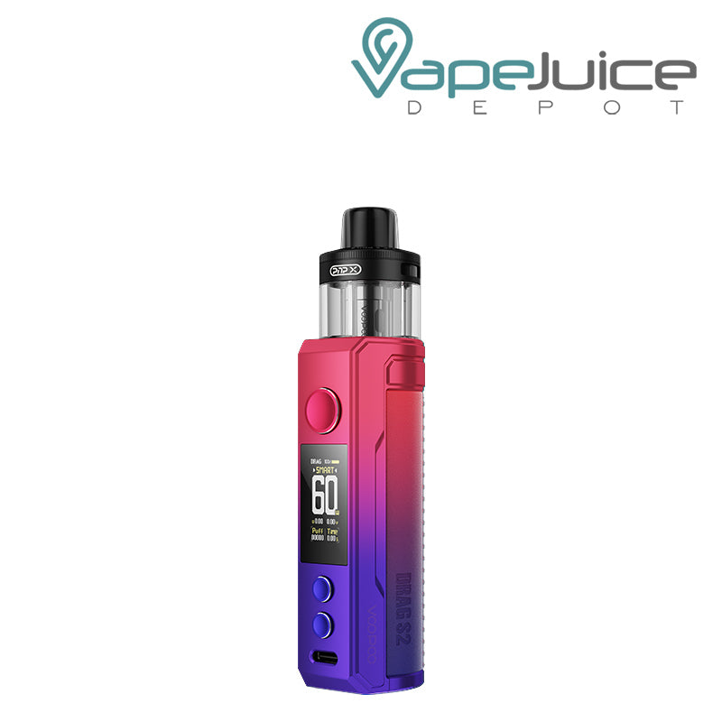 Modern red VooPoo DRAG S2 Pod Kit with display screen, adjustment buttons and a firing button - Vape Juice Depot