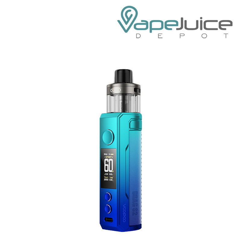 Sky Blue VooPoo DRAG S2 Pod Kit with display screen, adjustment buttons and a firing button - Vape Juice Depot