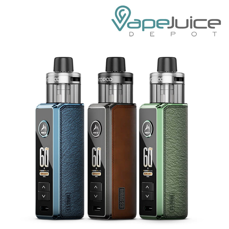 Three colors of VooPoo Drag S3 pod kit devices in Blue, Brown, and Green with a digital display - Vape Juice Depot