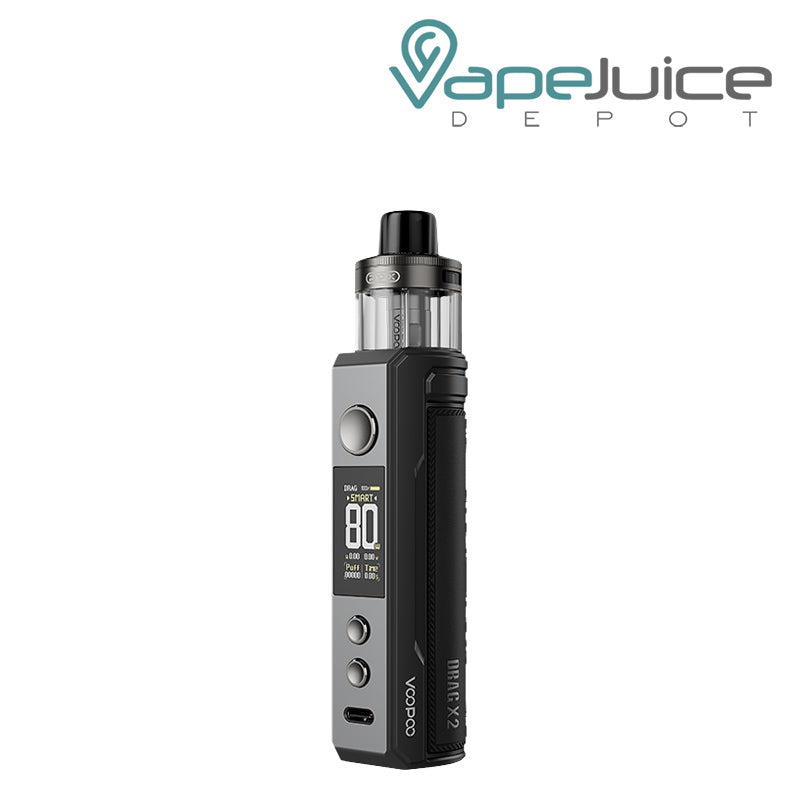 Gray Metal VooPoo DRAG X2 Pod Kit with display screen, adjustment buttons and a firing button - Vape Juice Depot