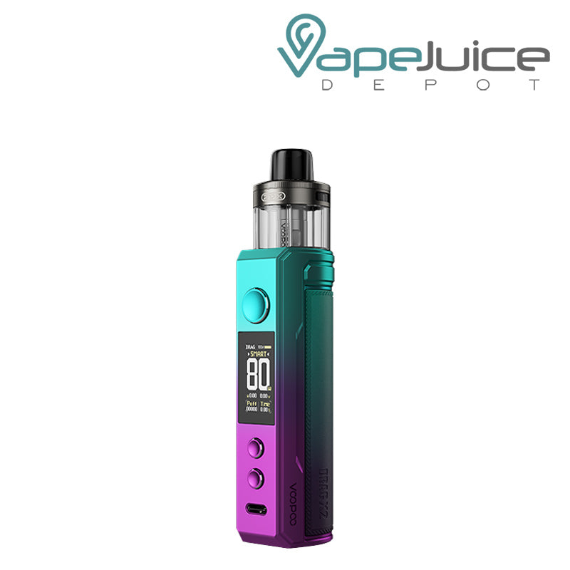 Sky Blue VooPoo DRAG X2 Pod Kit with display screen, adjustment buttons and a firing button - Vape Juice Depot