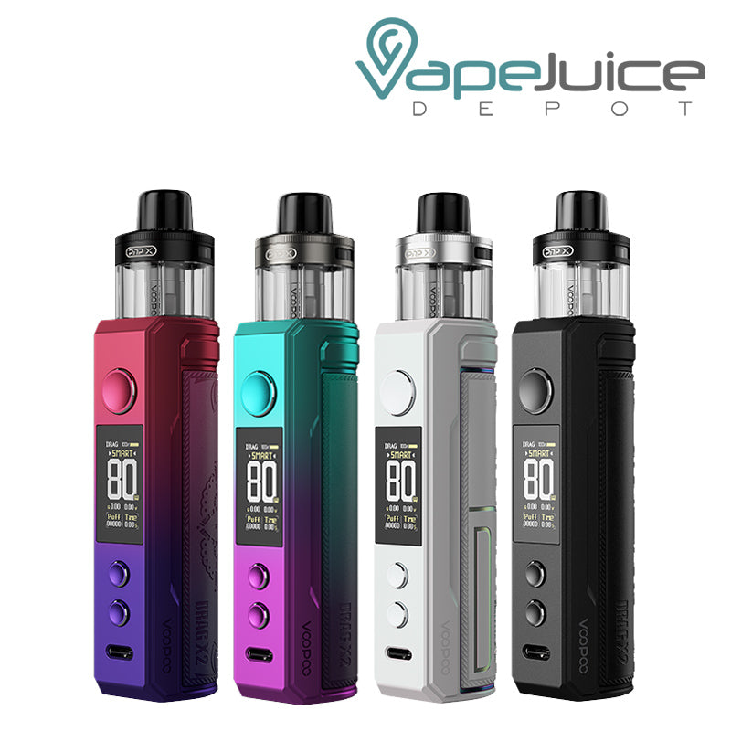 Four Colors of VooPoo DRAG X2 Pod Kit with display screen, adjustment buttons and a firing button - Vape Juice Depot