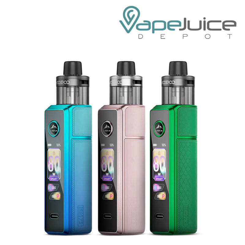 Three colors VooPoo Drag X3 pod kit devices in Sky Blue, Glow Glow, and Moss Green with a digital display - Vape Juice Depot