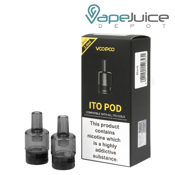 Two VooPoo ITO Replacement Pods and a box with a warning sign next to it - Vape Juice Depot