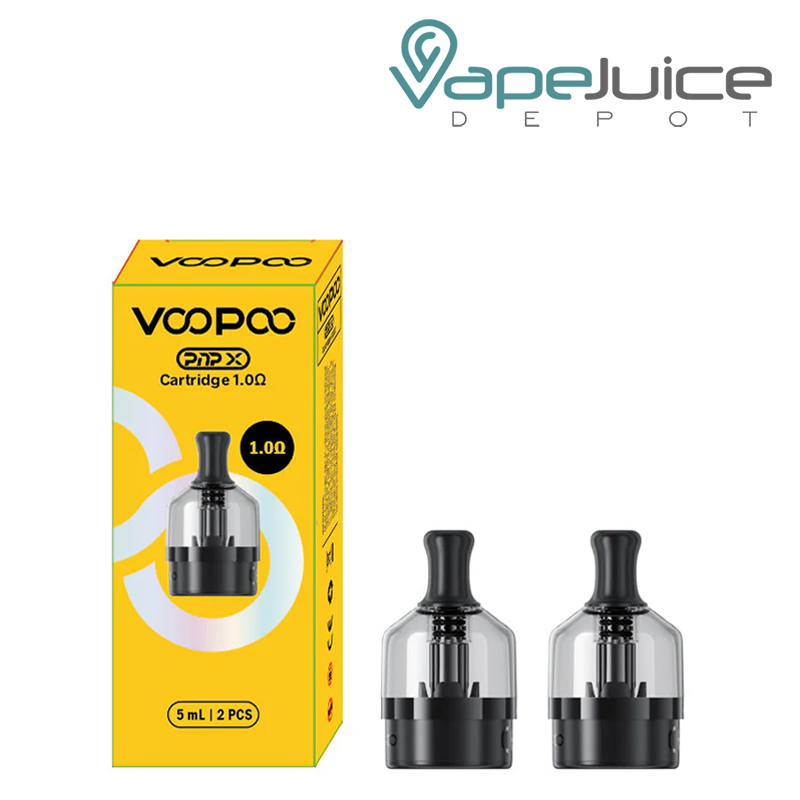 A Box of VooPoo PnP X Pod 1ohm Cartridge and two pods next to it - Vape Juice Depot