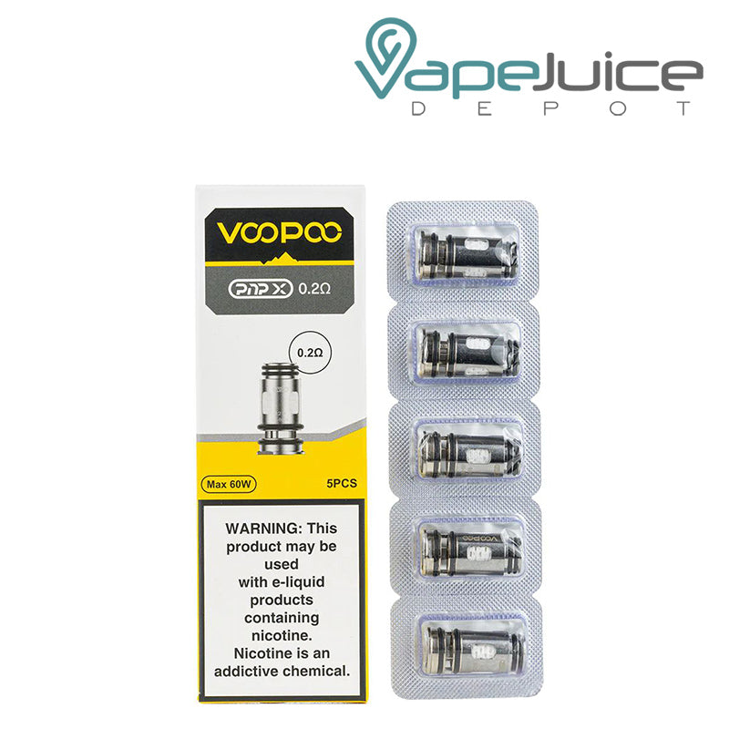 A Box of VooPoo PnP-X Replacement Coils and 0.2ohm five pack coils next to it - Vape Juice Depot