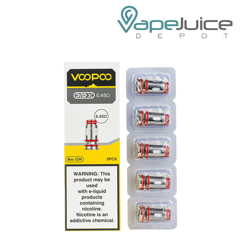 A Box of VooPoo PnP-X Replacement Coils and 0.45ohm five pack coils next to it - Vape Juice Depot