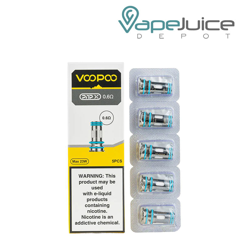 A Box of VooPoo PnP-X Replacement Coils and 0.6ohm five pack coils next to it - Vape Juice Depot