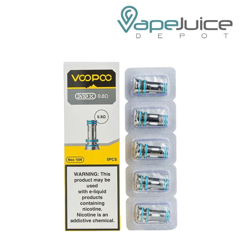 A Box of VooPoo PnP-X Replacement Coils and 0.8ohm five pack coils next to it - Vape Juice Depot