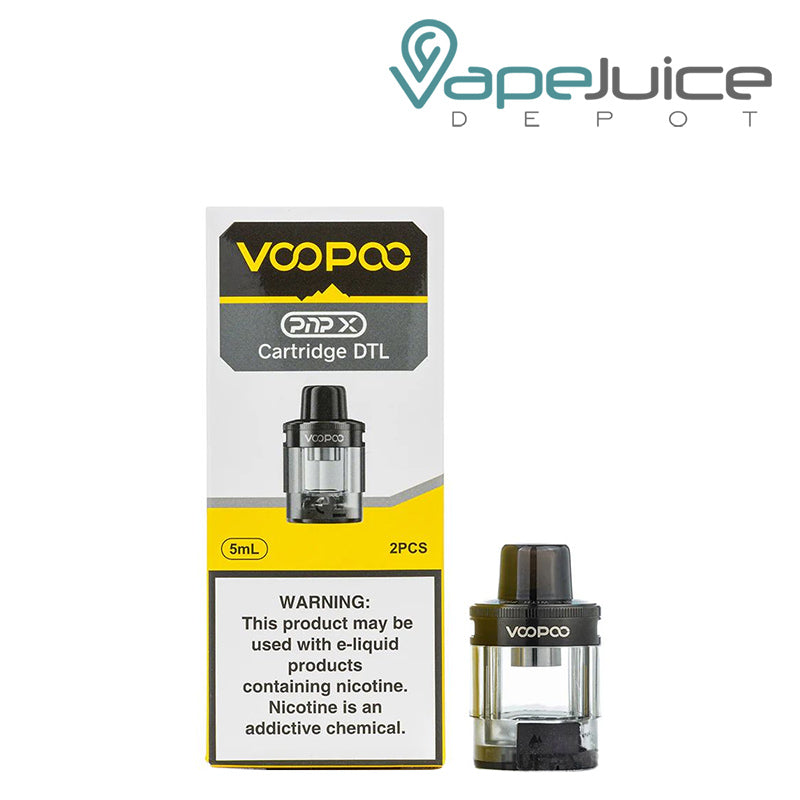 A Box of VooPoo PnP X Pod Cartridge DTL with a warning sign and a Pod next to it -Vape Juice Depot