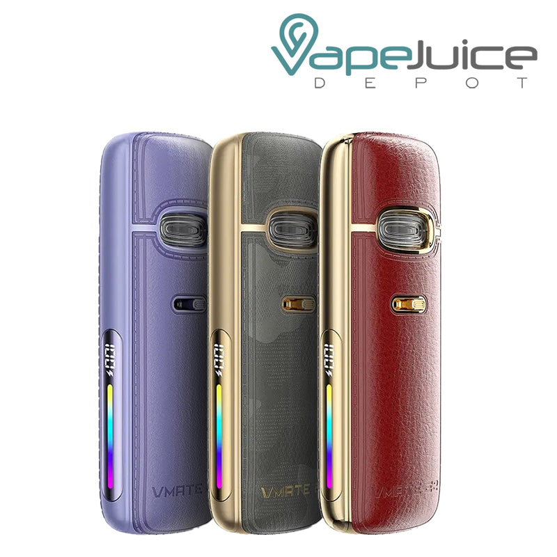 Three Colors of VooPoo VMate E2 Pod Kit with Battery level indicator and Adjustment Button - Vape Juice Depot