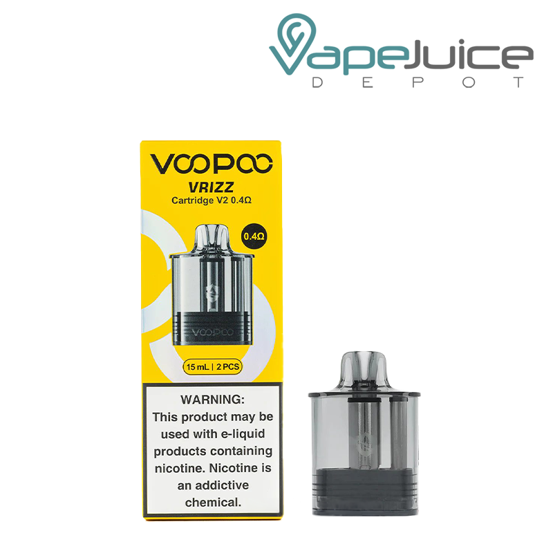 A box of 0.4ohm VooPoo VRIZZ V2 Pod Cartridge with a warning sign and a single cartridge next to it - Vape Juice Depot