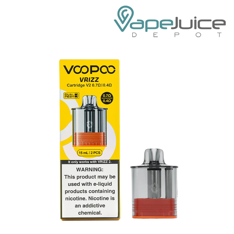 A box of 0.4/0.7ohm VooPoo VRIZZ V2 Pod Cartridge with a warning sign and a single cartridge next to it - Vape Juice Depot