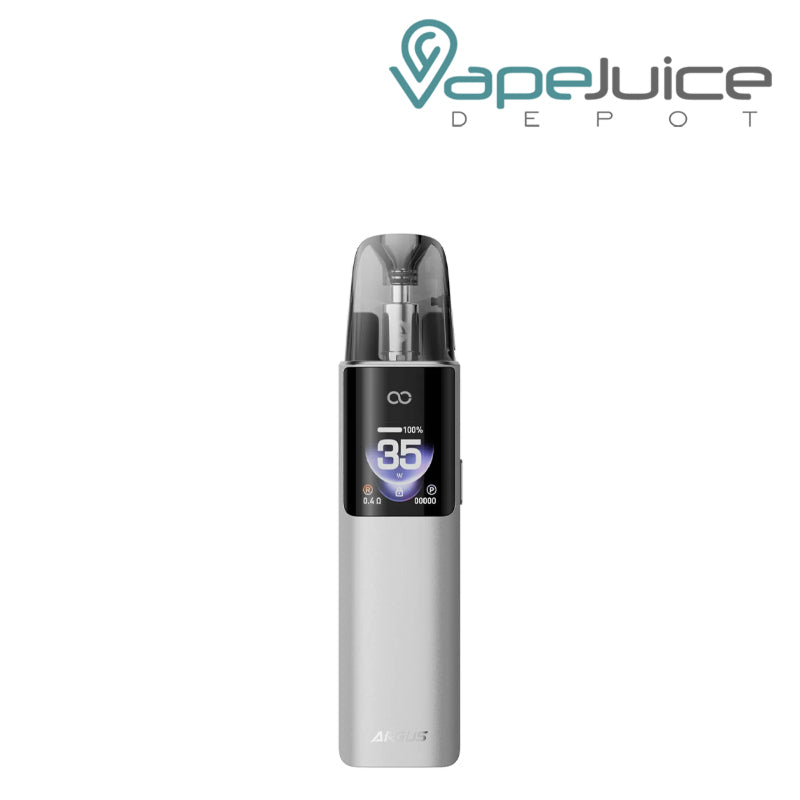 A Silver VooPoo ARGUS G4 Pod System Kit with a display screen - Vape Juice Depot