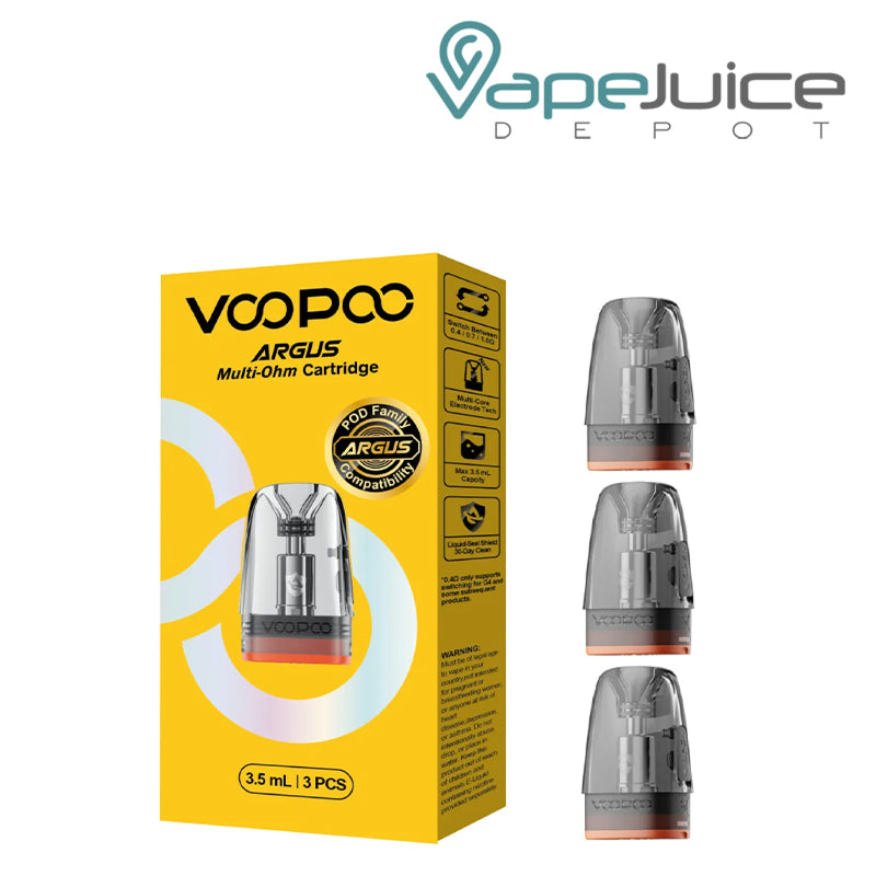 A Box of VooPoo ARGUS Multi-Ohm Pod Cartridge and a pods next to it - Vape Juice Depot