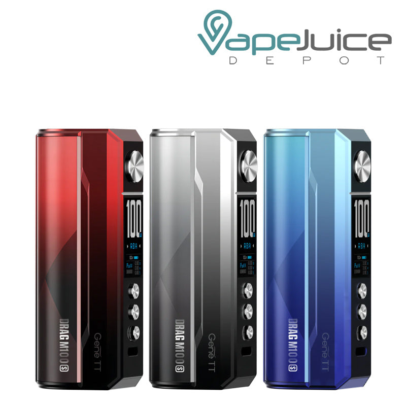 Three colors of VooPoo DRAG M100S Box Mod with display screen and adjustment buttons - Vape Juice Depot