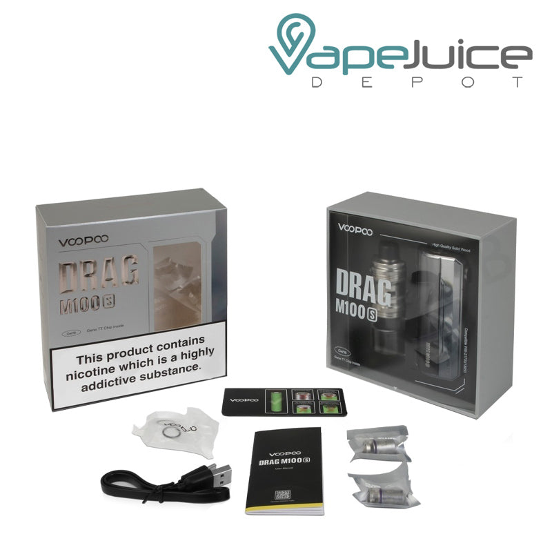 The box of VooPoo DRAG M100S Pod Mod Kit with a warning sign and the package contents  - Vape Juice Depot