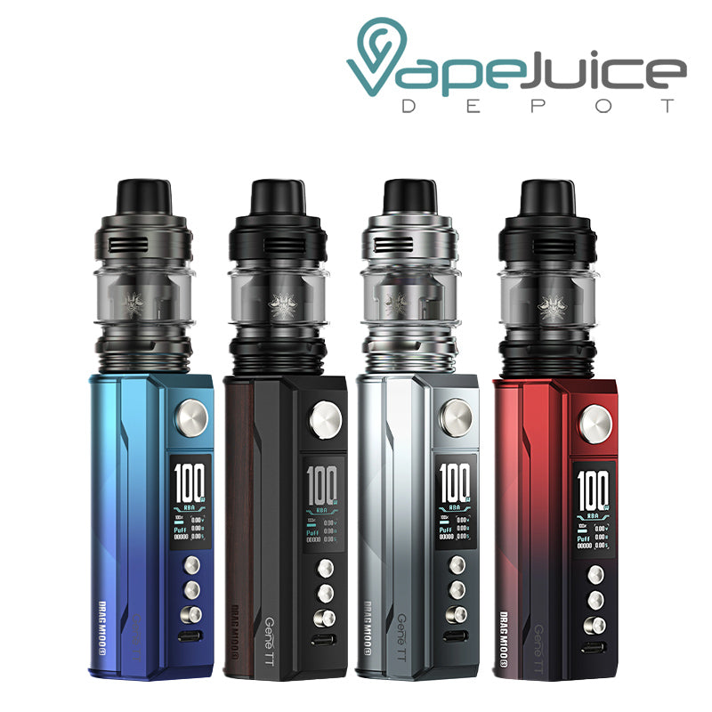 Four colors of VooPoo DRAG M100S Pod Mod Kit with display screen and adjustment buttons - Vape Juice Depot