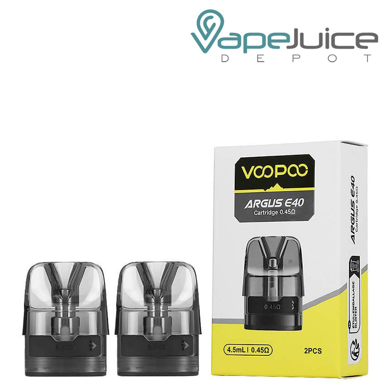 Two Pods of VooPoo ARGUS E40 Cartridge 0.45ohm and a box next to it - Vape Juice Depot