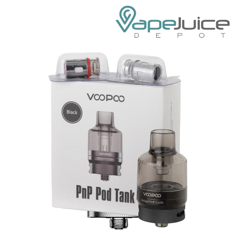 A Box of VooPoo PnP Pod Tank Black and a tank next to it - Vape Juice Depot