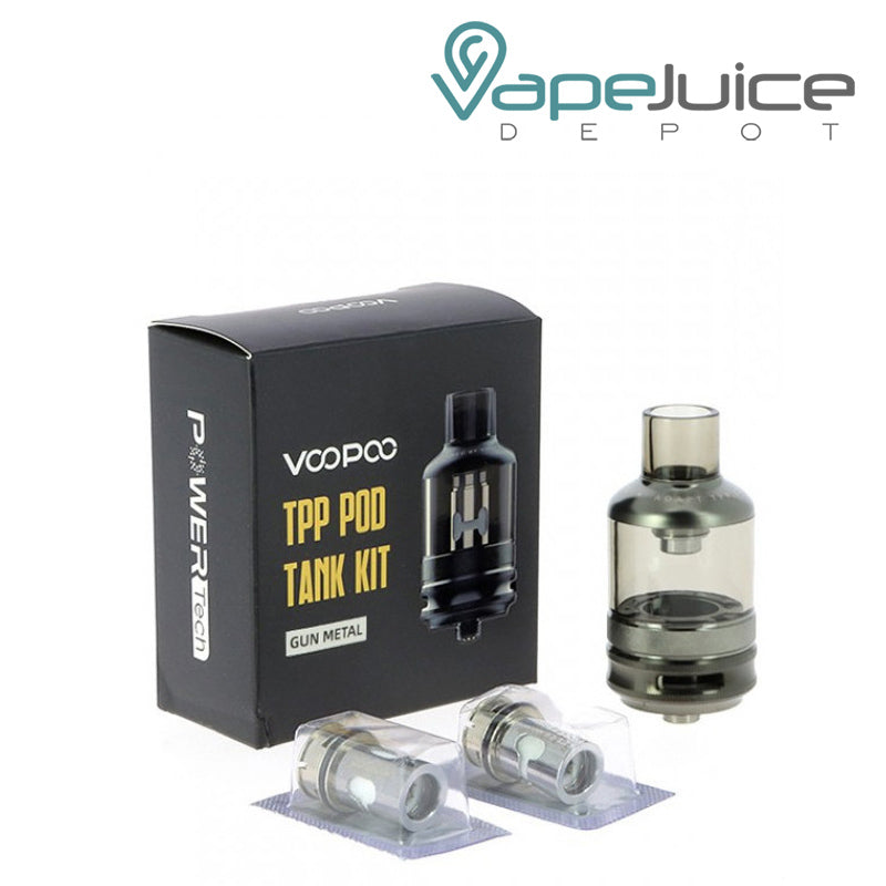 A box of VooPoo TPP Pod Tank and the tank next to it - Vape Juice Depot