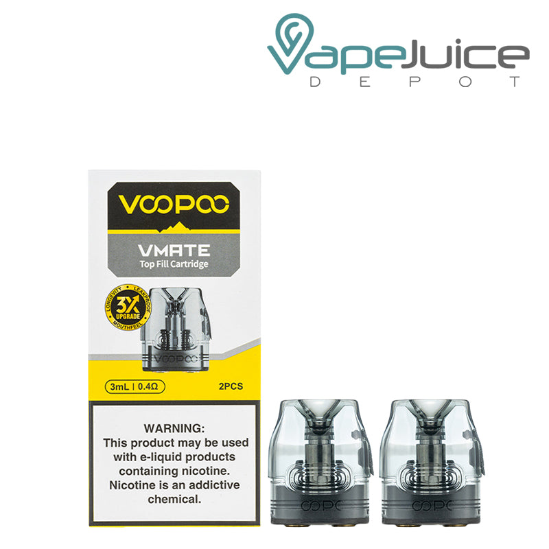 A Box of VooPoo VMate Max Replacement Pods 0.4ohm with a warning sign and two pods next to it - Vape Juice Depot