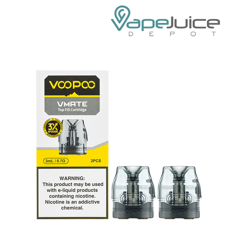 A Box of VooPoo VMate Max Replacement Pods 0.7ohm with a warning sign and two pods next to it - Vape Juice Depot