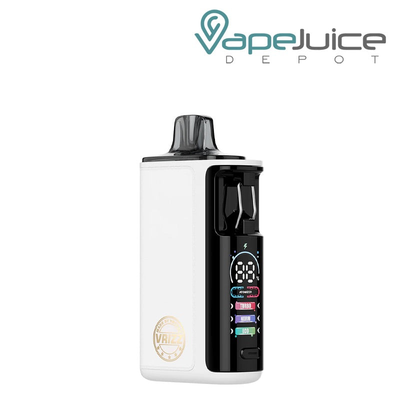 White Leather VooPoo VRIZZ 2 Pod Kit with a digital screen - Vape Juice Depot