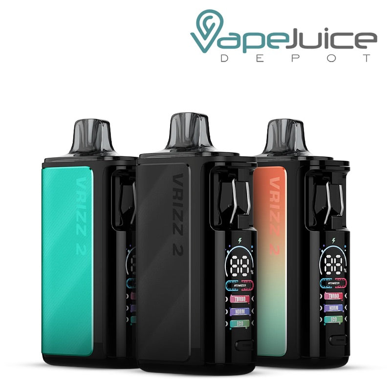 Three different colors of VooPoo VRIZZ 2 Pod Kit with a digital screen - Vape Juice Depot