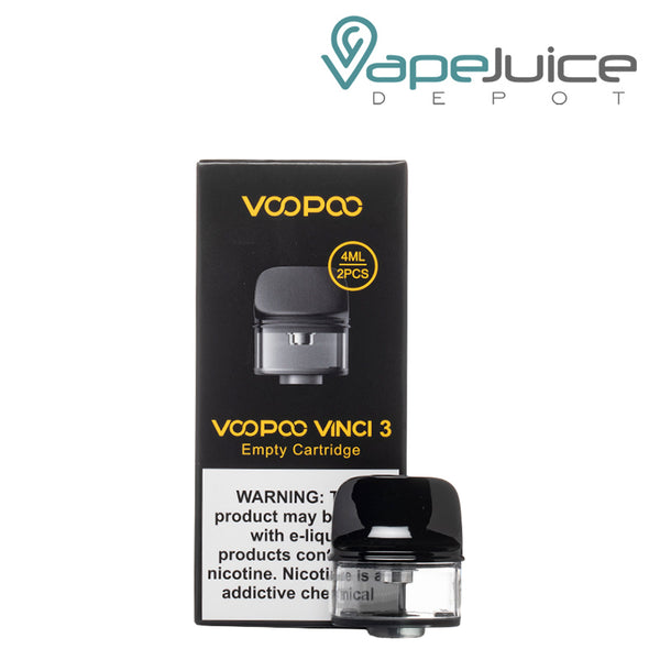 A box of VooPoo VINCI 3 Replacement Pod with a warning sign and a pod in front of it - Vape Juice Depot
