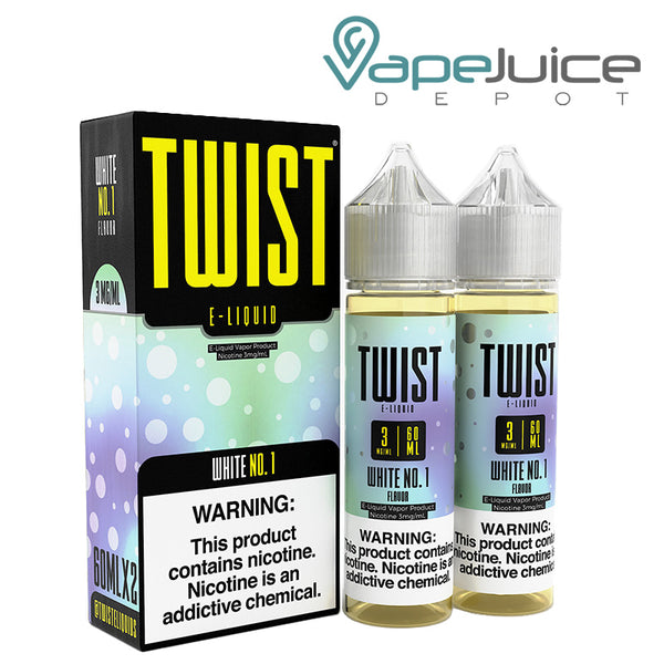 A box of White No 1 Twist 3mg E-Liquid with a warning sign and two 60ml bottles next to it - Vape Juice Depot