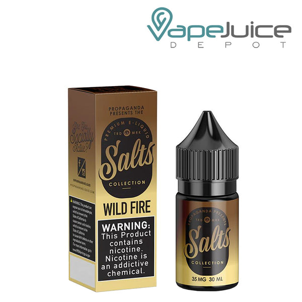 A box of WILDFIRE Propaganda Salts with a warning sign and a 30ml bottle next to it - Vape Juice Depot