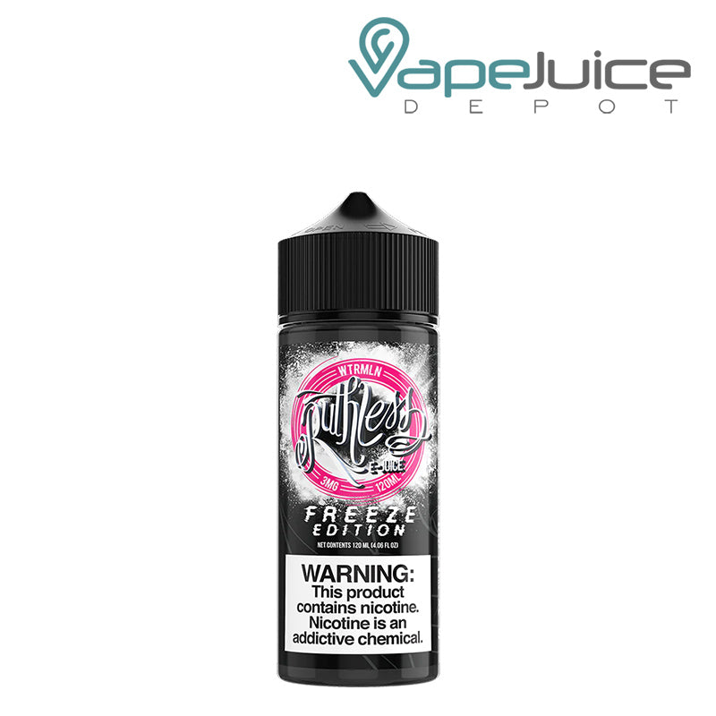 A 120ml bottle of WTRMLN Ruthless Freeze Edition with a warning sign - Vape Juice Depot
