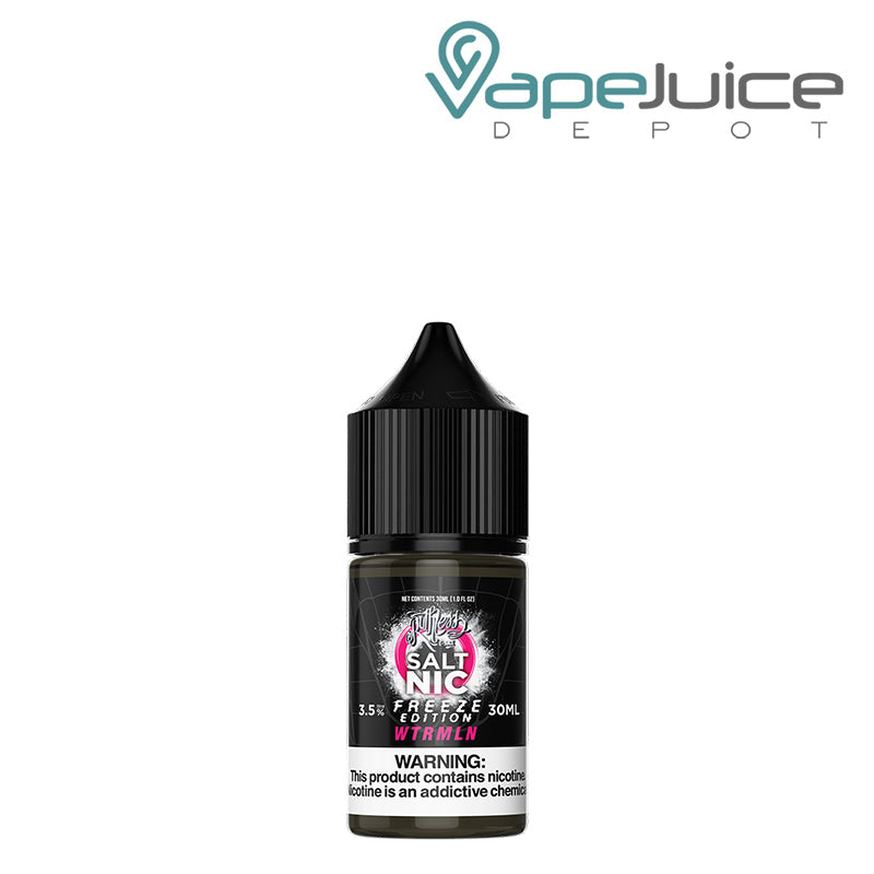 A 30ml bottle of WTRMLN Ruthless Freeze Salt with a warning sign - Vape Juice Depot