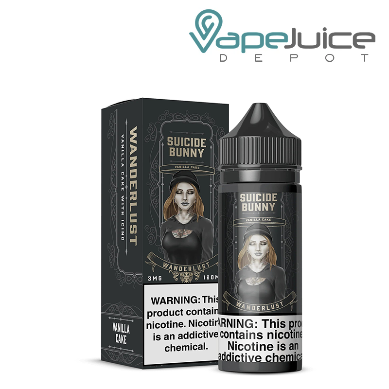 A Box of Wanderlust Suicide Bunny with a warning sign and a 120ml bottle next to it - Vape Juice Depot