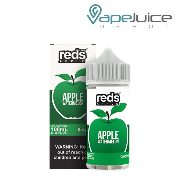 A box of Watermelon 7Daze Reds Apple eJuice 100ml with a warning sign and a 100ml bottle next to it - Vape Juice Depot