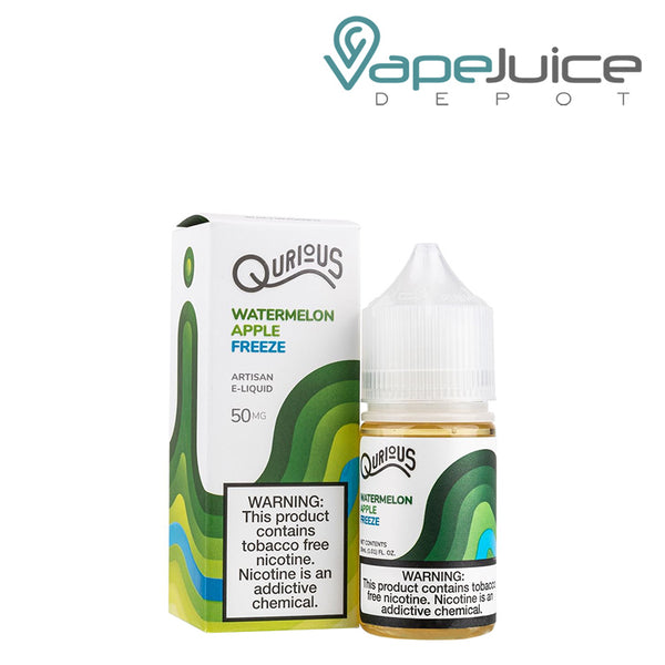 A box of Watermelon Apple Freeze Qurious Synthetic Salt and a 30ml bottle with a warning sign next to it - Vape Juice Depot