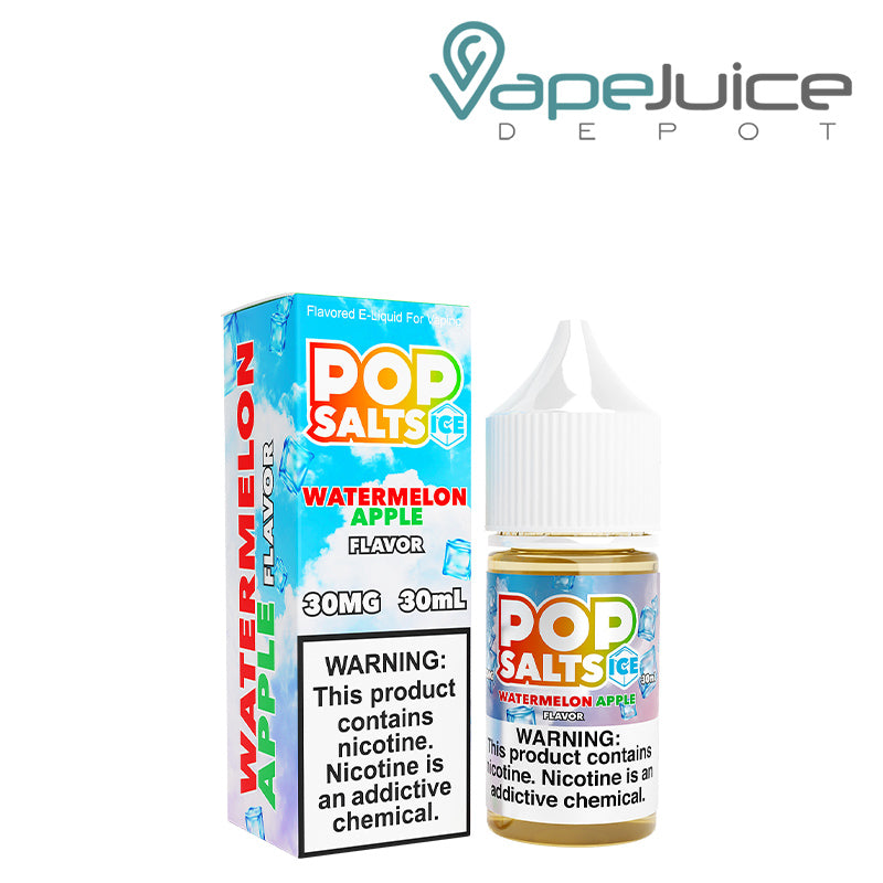A box of Watermelon Apple Ice Pop Salts 30ml with a warning sign and a bottle next to it - Vape Juice Depot