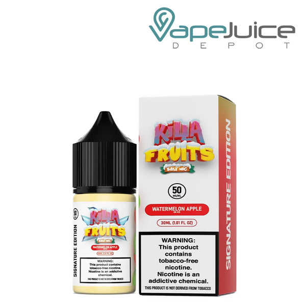 A 30ml bottle of Watermelon Apple On Ice Killa Fruits Signature TFN Salt and a box with a warning sign next to it - Vape Juice Depot