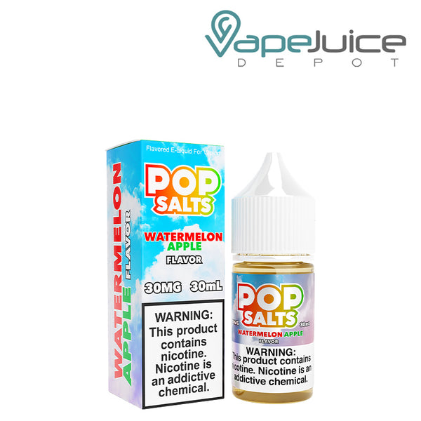 A box of Watermelon Apple Pop Salts 30ml with a warning sign and a bottle next to it - Vape Juice Depot