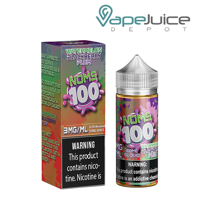 A Box of Watermelon Blackberry Plum Noms 100 Series eLiquid with a warning sign next to a 100ml bottle - Vape Juice Depot