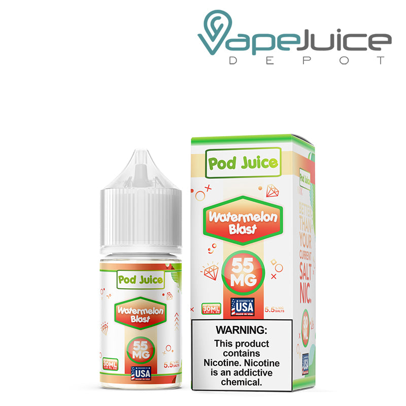 A 30ml bottle of Watermelon Blast Pod Juice TFN Salt and a box with a warning sign next to it - Vape Juice Depot