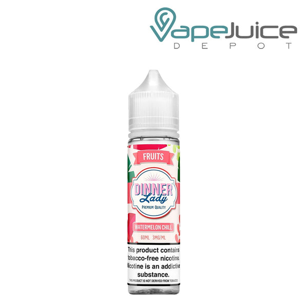A 60ml bottle of Watermelon Chill Dinner Lady TFN 3mg with a warning sign - Vape Juice Depot