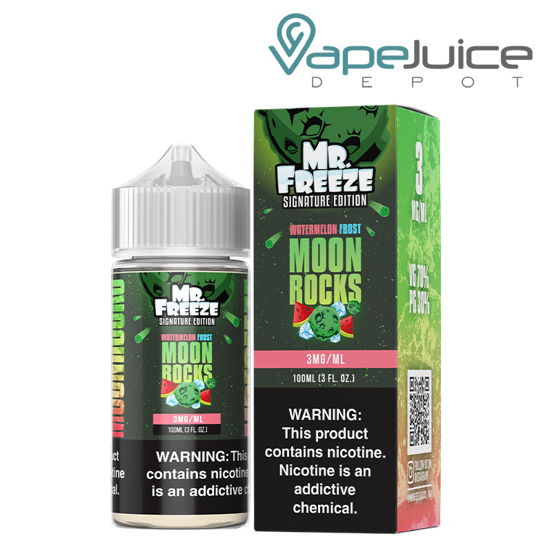 A 100ml bottle of Watermelon Frost Moonrocks Mr Freeze Salts and a box with a warning sign next to it - Vape Juice Depot